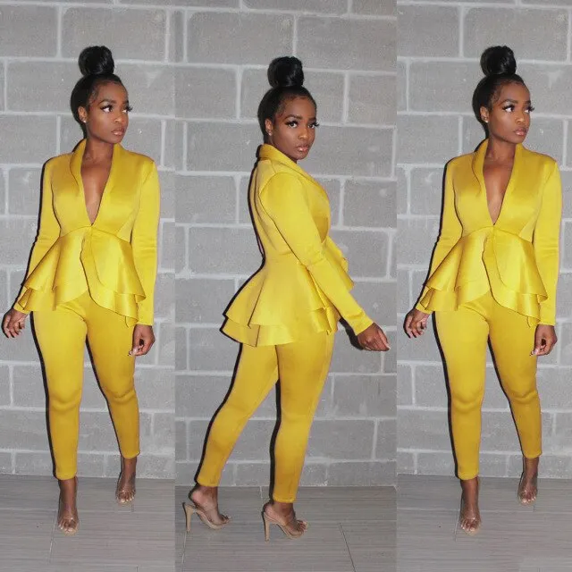 2 Piece Set Lady Women Office Tracksuit Long Sleeve Ruffles Blazers Pencil Pants Suit Female Fall Autumn Clothes