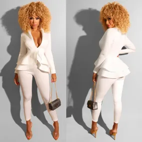 2 Piece Set Lady Women Office Tracksuit Long Sleeve Ruffles Blazers Pencil Pants Suit Female Fall Autumn Clothes