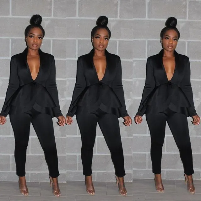 2 Piece Set Lady Women Office Tracksuit Long Sleeve Ruffles Blazers Pencil Pants Suit Female Fall Autumn Clothes