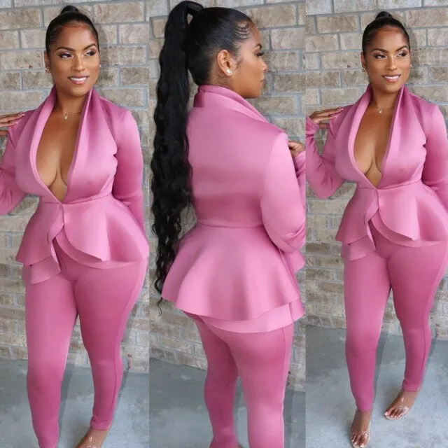 2 Piece Set Lady Women Office Tracksuit Long Sleeve Ruffles Blazers Pencil Pants Suit Female Fall Autumn Clothes