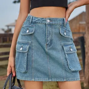 2024 Denim Skirt Street Tooling Style Flap Ribbon Details Workwear High Street Skirt