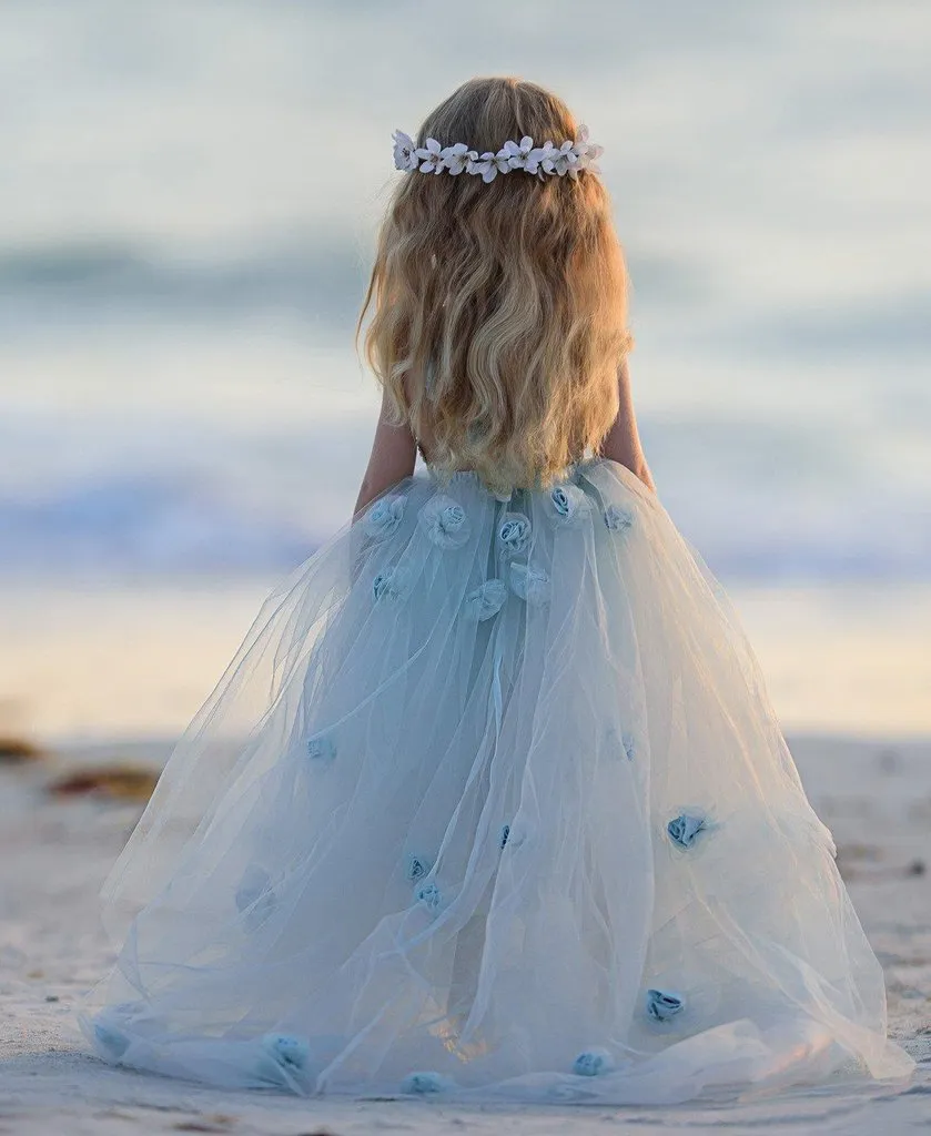 Blue Tulle A-Line Flower Girl Dresses, Backless Popular Little Girl Dresses, TYP1420