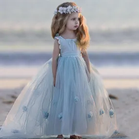 Blue Tulle A-Line Flower Girl Dresses, Backless Popular Little Girl Dresses, TYP1420