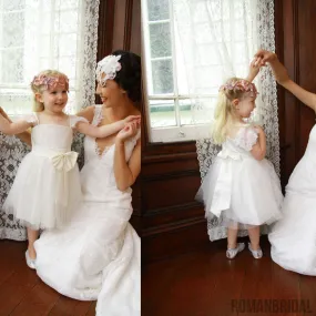 Cap Sleeve Ivory Princess A-line Lace Tulle Flower Girl Dresses With Belt, FG010