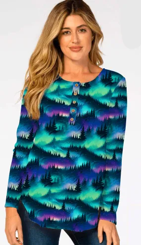 [Pre Order] Fabulous Fall Northern Lights - Women's Long Sleeve Printed Bamboo Snap Top (EST SHIP LATE OCT)