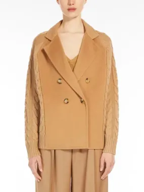 Women’s Double-Breasted Knit Pea Coat Jacket in Camel